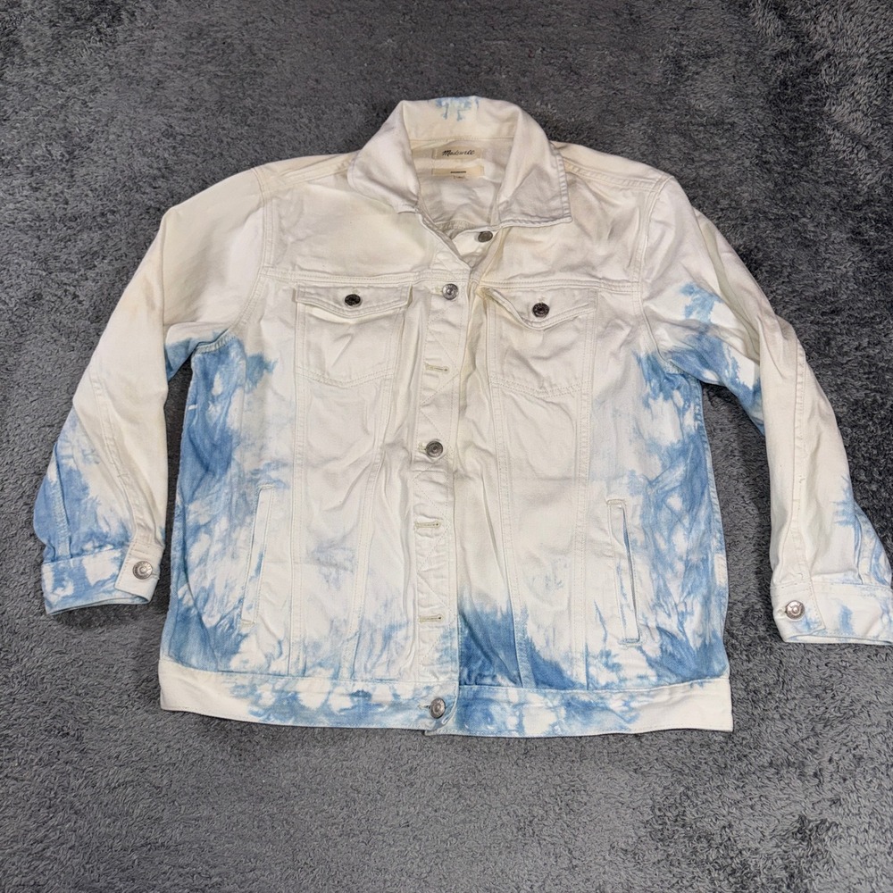 Madewell Womens Oversized Denim Jacket L Blue White Tie Dye Bleach Wash Trucker
